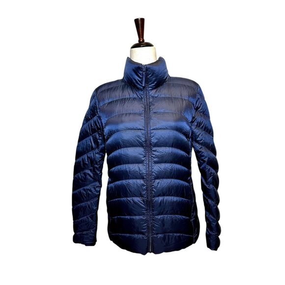 UNIQLO Ultra Light Down Jacket Women’s Large Navy Blue Packable Puffer Coat Warm - Picture 1 of 8